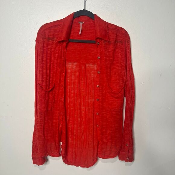 Free People Orange Collared Knit Button Up Sz S Shirt - Picture 1 of 8
